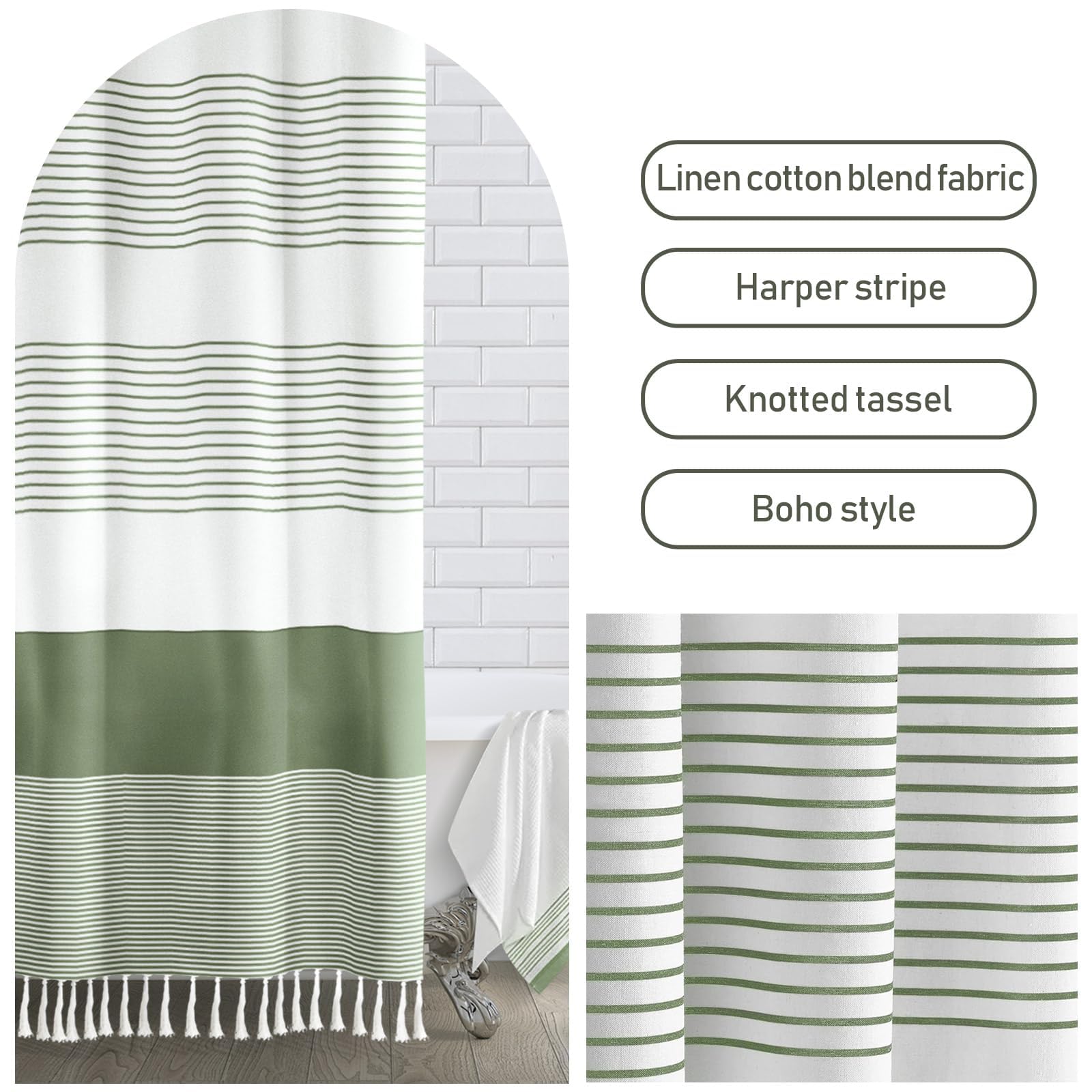 Awellife Sage Green Shower Curtain For Bathroom Stripe Tassel Shower Curtain 72 X 84 Inches Farmhouse Linen Extra Long